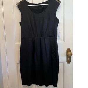 NEW Chequer Black Dress Stud Shoulder Detail Textured Knee Length Womens 10 FLAW